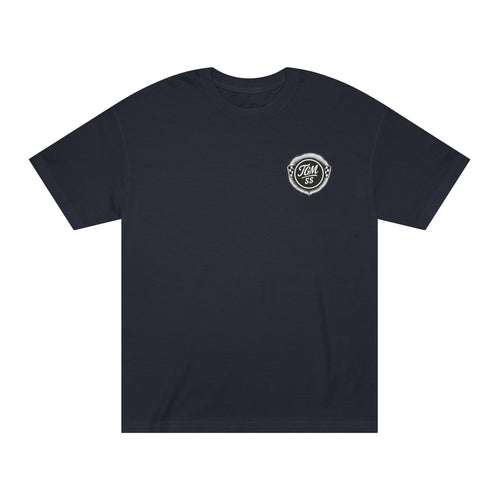 Black t-shirt with a white logo on a white background